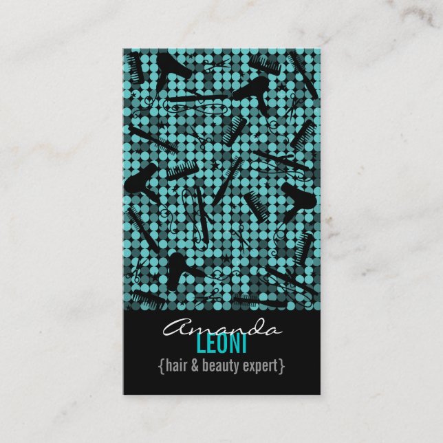 Cool Teal Glam Hair Salon Vertical Business Card (Front)