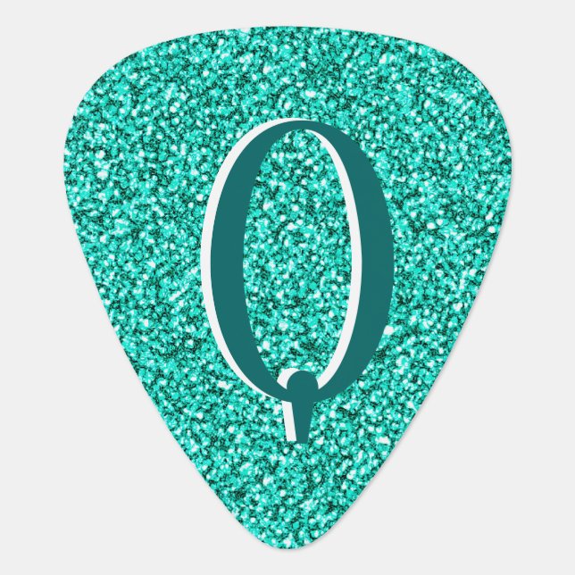 Cool Teal Glitter Glam Rock Monogrammed Custom Guitar Pick (Front)