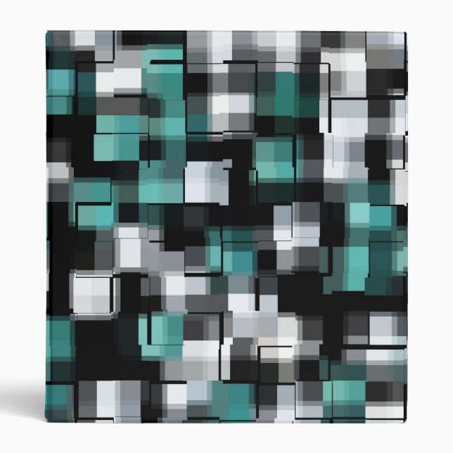 COOL Teal Green Blue Black White Abstract Plaid 3 Ring Binder (Front)