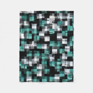 COOL Teal Green Blue Black White Abstract Plaid Fleece Blanket