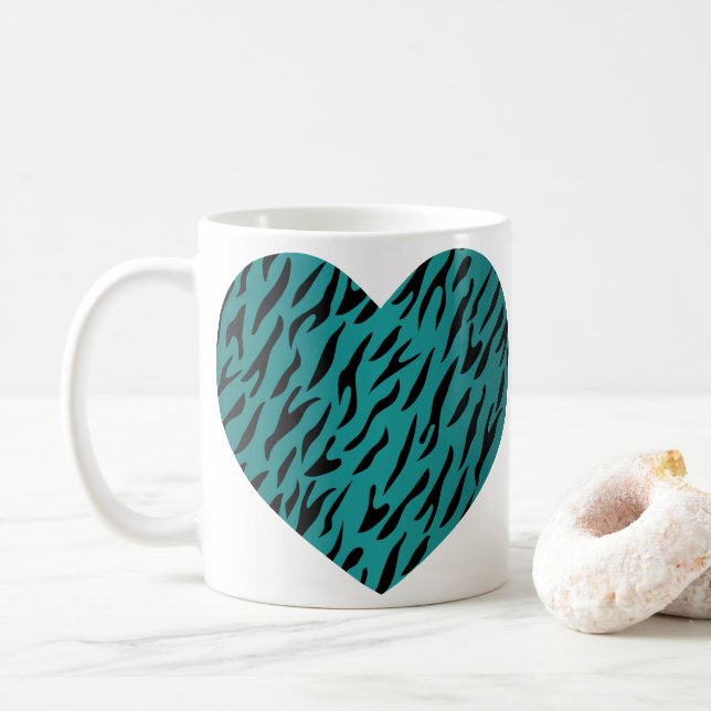 Cool Teal Heart Shape Tiger Stripes Animal Print Coffee Mug (With Donut)