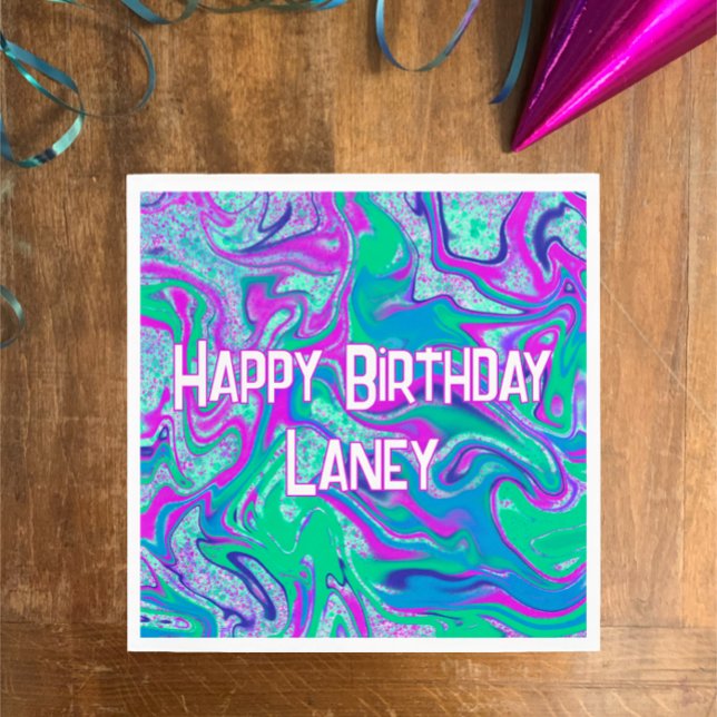 Cool Teal Purple Glitter Custom Birthday Party Napkins (Vibrant color cool aqua n pink swirls give fun vibe for personalized Happy Birthday party napkins.

)