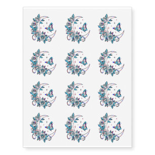 Cool Teal Roses Crescent Moon & Butterfly Temporary Tattoos