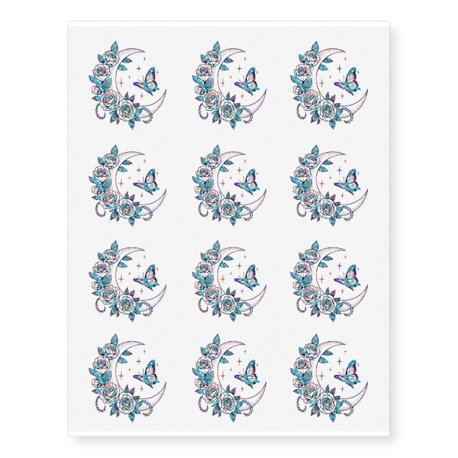 Cool Teal Roses Crescent Moon & Butterfly  Temporary Tattoos (Front)