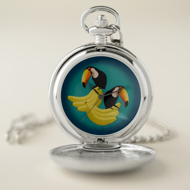 Cool Teal Toucan Bananas Tropical Birds Caribbean Pocket Watch (Inside)