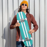 Cool Teal White Racing Stripes Skater Monogram Skateboard<br><div class="desc">Create your own custom, personalized, modern, cool, stylish, turquoise teal and white racing stripes, classy elegant typography script, best quality hard-rock maple competition shaped skateboard deck. To customize, simply type in your name / monogram / initials. While you add / design, you'll be able to see a preview of your...</div>