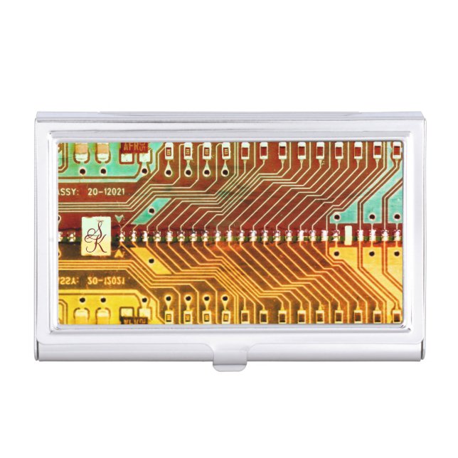   Cool Teal Yellow Unique Retro Steampunk Monogram Business Card Case (Front)