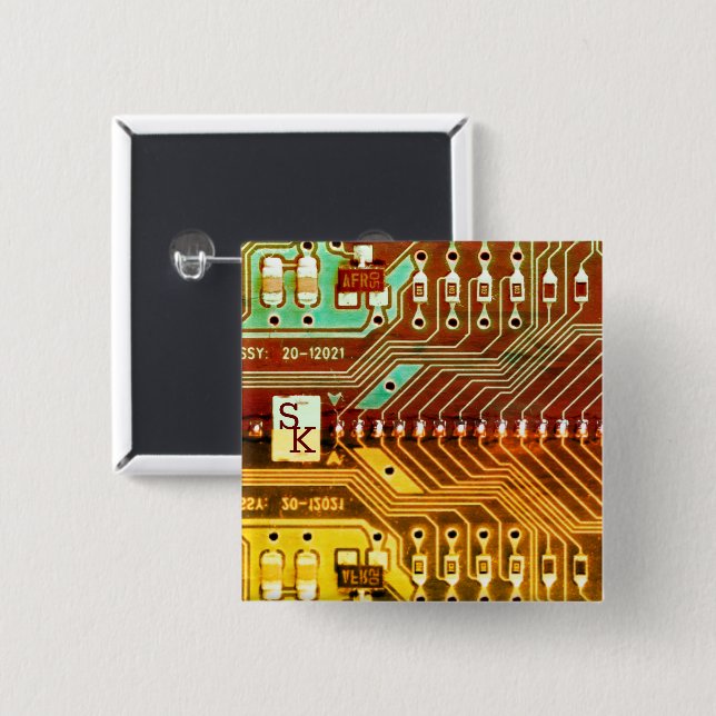   Cool Teal Yellow Unique Retro Steampunk Monogram Button (Front & Back)