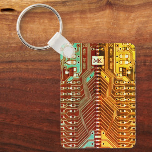   Cool Teal Yellow Unique Retro Steampunk Monogram Keychain