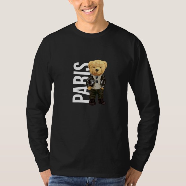 Cool Teddy Bear Boy Paris Style Illustration Graph T-Shirt (Front)