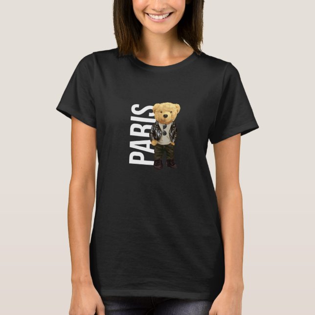 Cool Teddy Bear Boy Paris Style Illustration Graph T-Shirt (Front)
