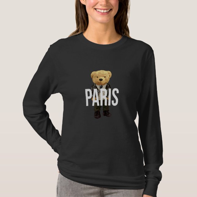 Cool Teddy Bear in Paris France Illustration Graph T-Shirt (Front)