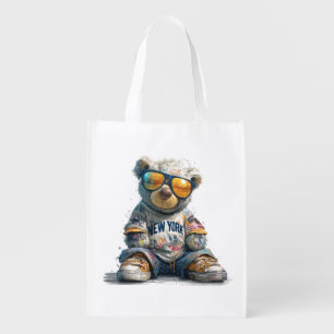 Cool Teddy Bear in Sunglasses and a New York Shirt Grocery Bag