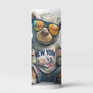 Cool Teddy Bear in Sunglasses and a New York Shirt Pillar Candle