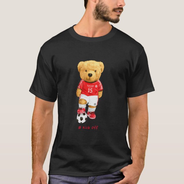 Cool Teddy Bear Soccer Kick Off Style Illustration T-Shirt (Front)