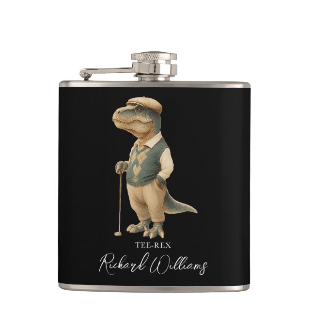 Cool Tee-Rex Golfer Dinosaur Signature Name Flask (Front)