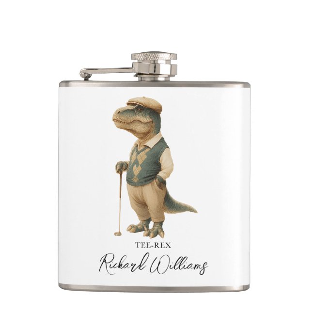 Cool Tee-Rex Golfer Dinosaur Signature Name Flask (Front)