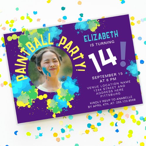 Cool Teen Color Splash Paintball Purple Party  Invitation