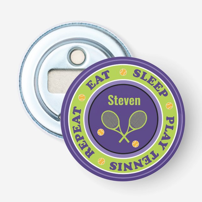 Cool tennis slogan, purple and green  bottle opener (Front)