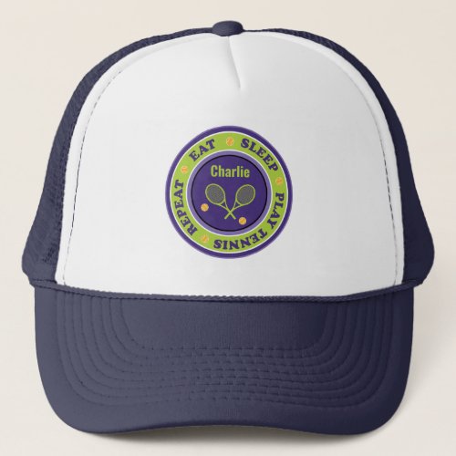 Cool tennis slogan purple and green trucker hat