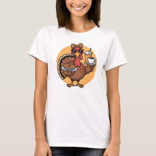 Cool Thanksgiving Turkey with Pie and Coffee T-Shirt