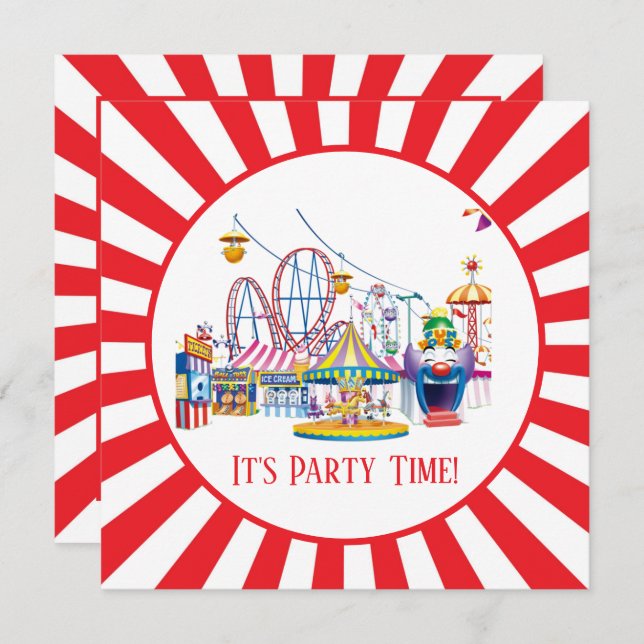 cool theme park circus party add text paper plates invitation (Front/Back)