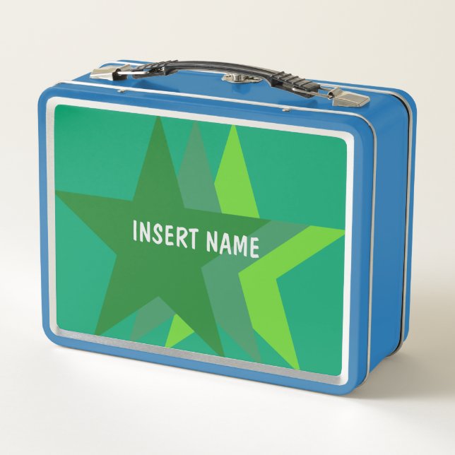 Cool Three Green Stars, Personalized Name Monogram Metal Lunch Box (Back)
