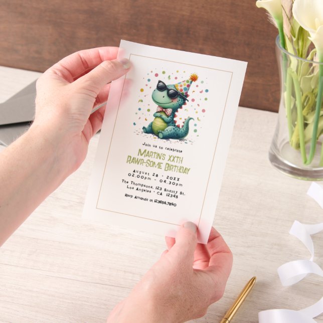 Cool Three-Rex Dinosaur Birthday Party Vellum Invitations (Handheld)