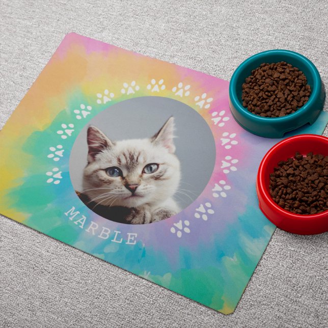 Cool Tie Dye Cat Paw Prints Frame Pet Photo Placemat (Creator Uploaded)