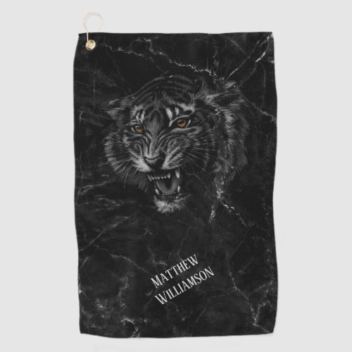 Cool Tiger  Black Marble Background Monogram  Golf Towel