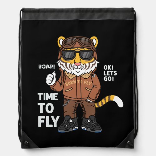 cool tiger cartoon tiger pilot illustration drawstring bag