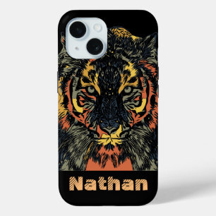 Cool Tiger Face Art Add Your Own Text iPhone 15 Case