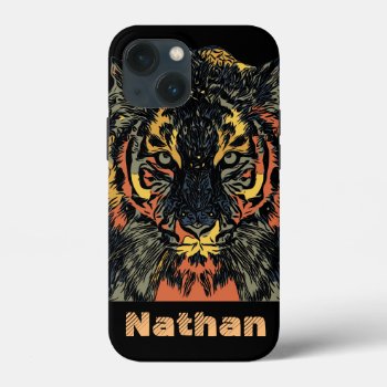 Cool Tiger Face Art Add Your Own Text Iphone 13 Mini Case by LouiseBDesigns at Zazzle
