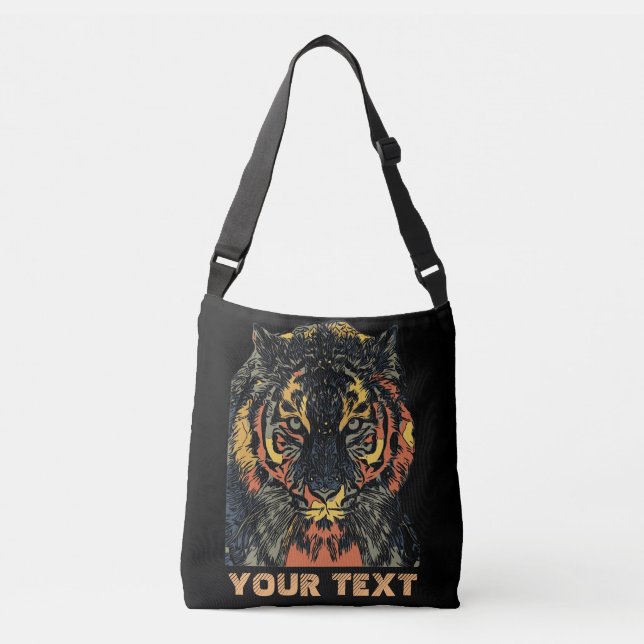 Cool Tiger Face Art Add Your Own Text Crossbody Bag (Front)