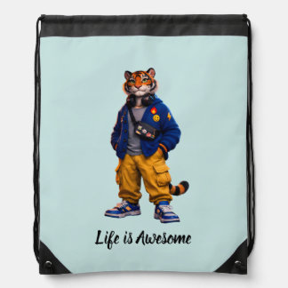 Cool Tiger in Streetwear Art - Urban Style Tiger Drawstring Bag