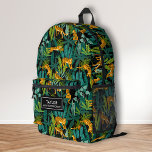 Cool Tiger Jungle Animal, Personalized Name Text Printed Backpack<br><div class="desc">Super fun backpack featuring a jungle pattern and personalized name label. Add an extra bonus line of text - phone number, team name, saying, etc. - or delete. Roomy enough for books, computer, sports gear and more - or use as a travel or weekend bag too. Stylish and colorful, yet...</div>
