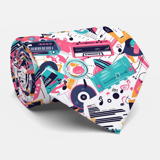 Cool tiled 80s music pattern  neck tie (Rolled)