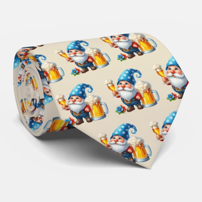 Cool tiled beer gnome pattern neck tie (Rolled)