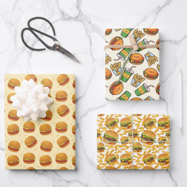 cool  tiled burgers fries party pattern wrapping paper sheets (Front)