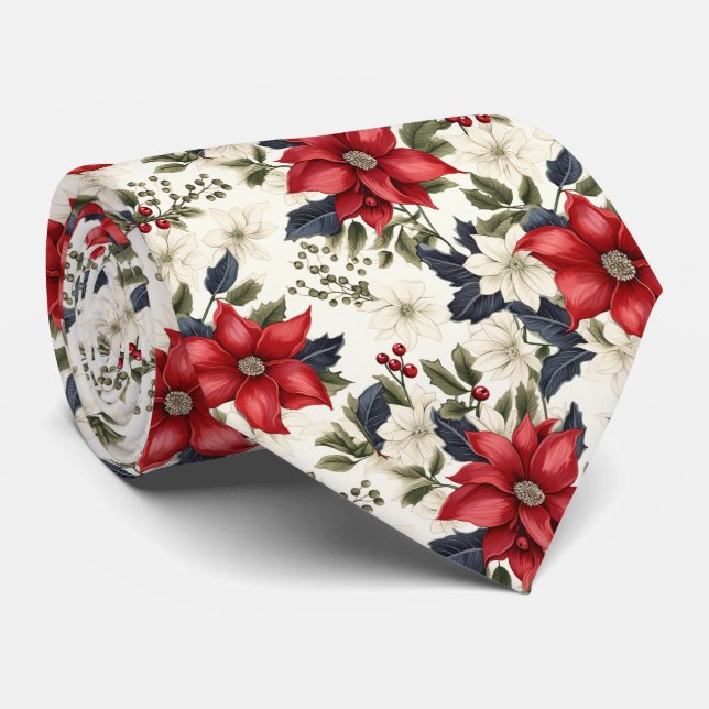 Cool tiled poinsettia pattern neck tie (Rolled)