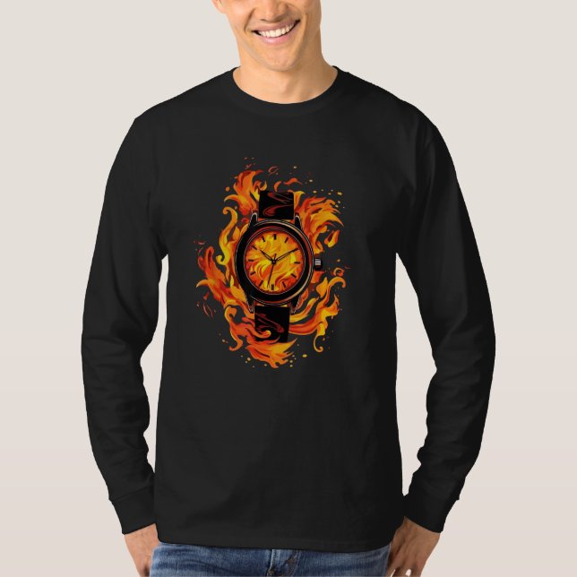 Cool Timepiece with Fire and Flames T-Shirt (Front)