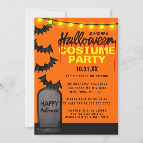 Cool Tombstone Bat Lights Costume Halloween Party Invitation