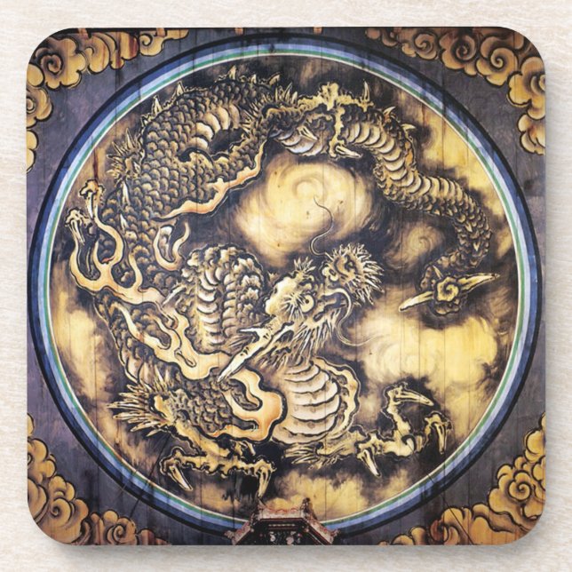 Cool traditional japanese oriental dragon wood art beverage coaster (Front)