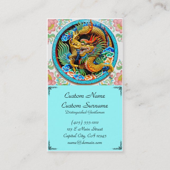 Cool traditional japanese oriental dragon wood art business card (Front)