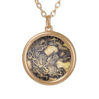 Cool traditional japanese oriental dragon wood art gold plated necklace