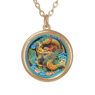 Cool traditional japanese oriental dragon wood art gold plated necklace