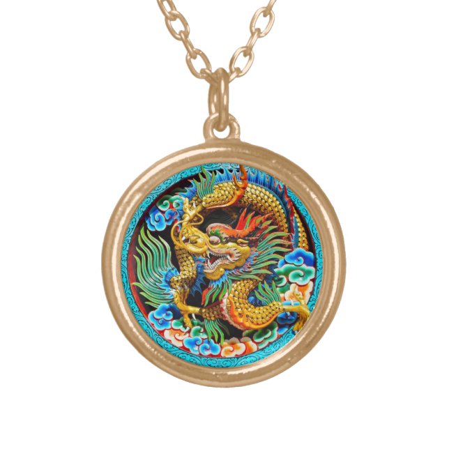 Cool traditional japanese oriental dragon wood art gold plated necklace (Front)