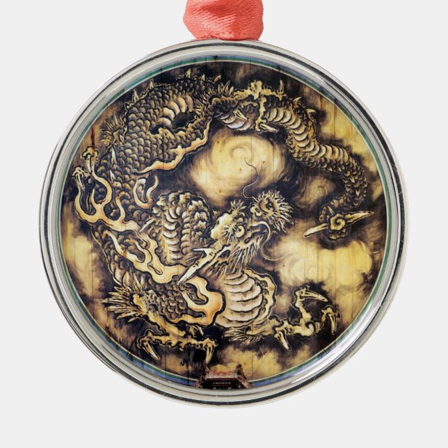 Cool traditional japanese oriental dragon wood art metal ornament (Front)