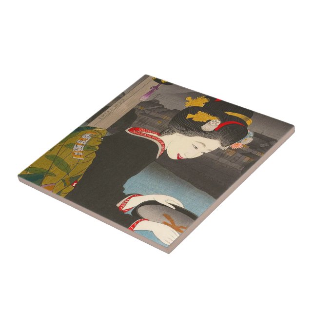 Cool traditional japanese woodprint classic geisha ceramic tile (Side)