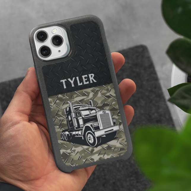 Cool Transport Truck Name Equipment Camo iPhone 15 Case (One of a kind transport truck phone case. Camo and diamond plate look.)